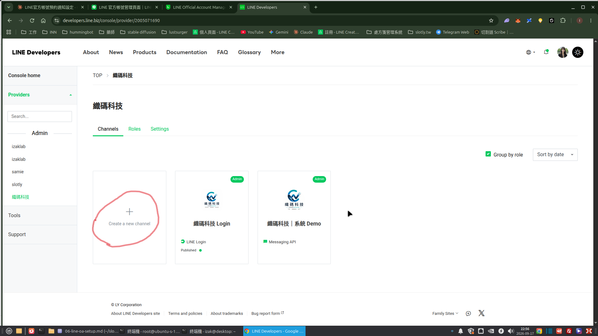 業者端 - LINE Developers Provider 頁面,點選「Create a new channel」
